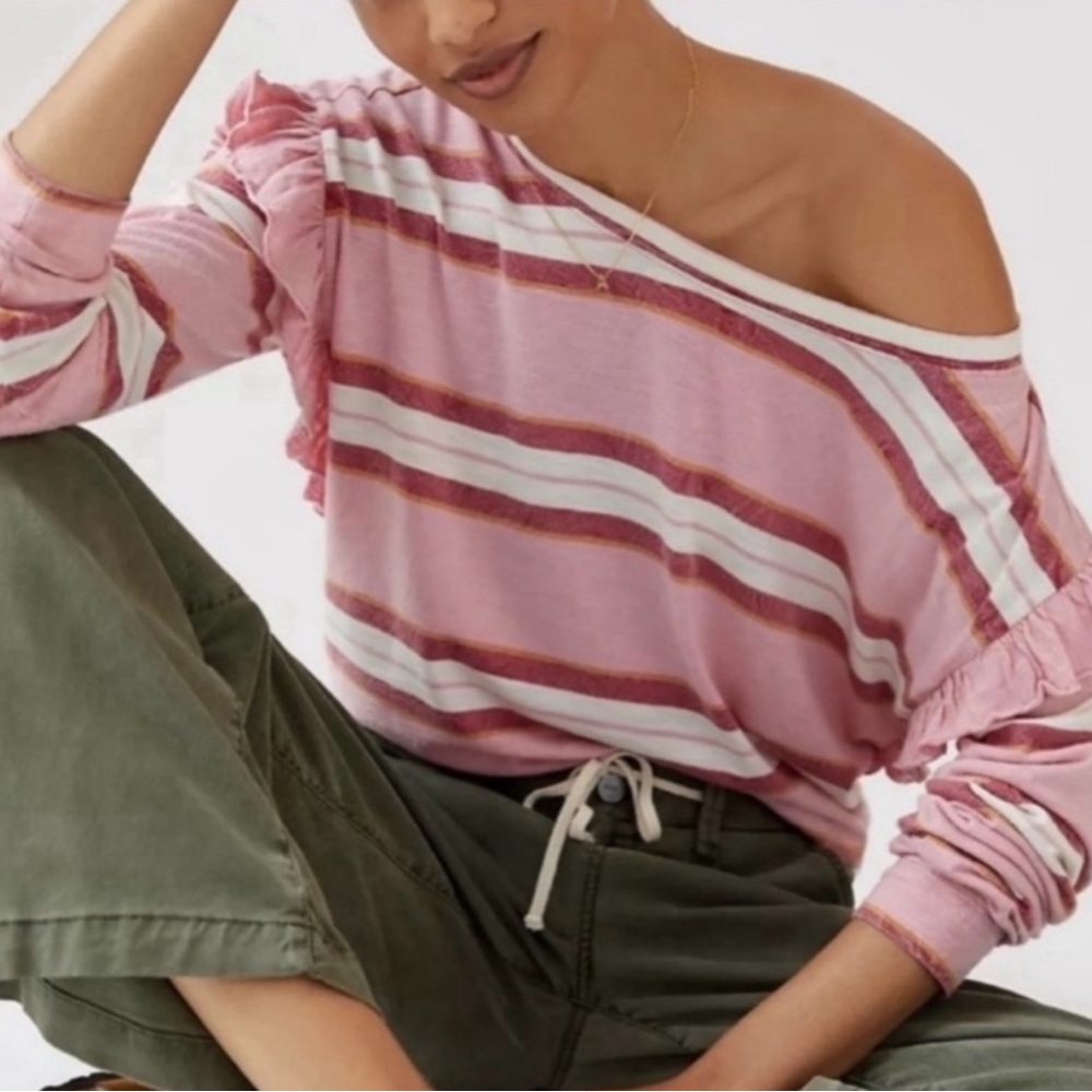 Pilcro Pink Striped Ruffle Shoulder Long Sleeve Open Back Top Women’s Small